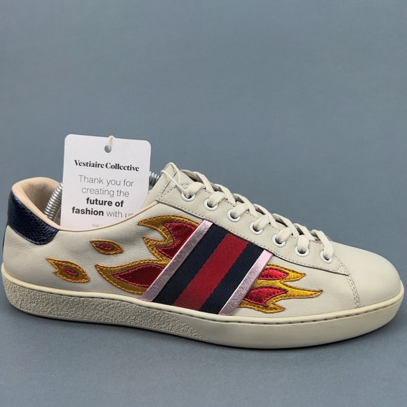 GUCCI Web Ace Fire sneaker beige leather phyton heel 7 G or 7.5 US 41 EUR 440724 - Picture 6 of 14